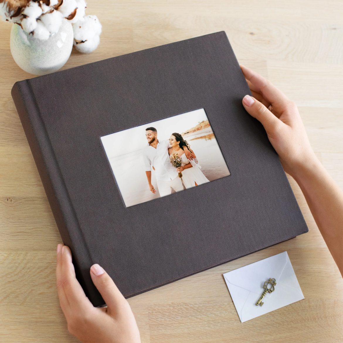 Picture of Eco Leather Lay Flat Photo Book, Glass Window, Size S (6x8", 8x6", 8x8")
